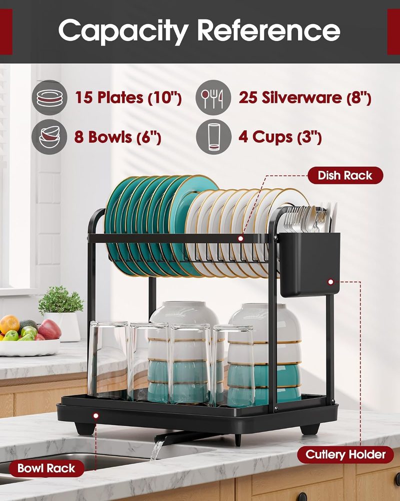 Sakugi 2-Tier Dish Drying Rack with Cutlery Holders, 15" x 11.4" x 15", Black — view 3