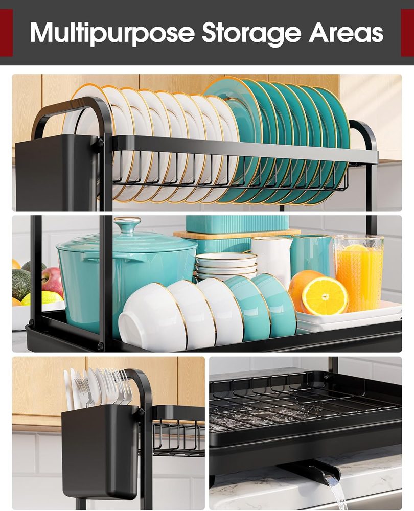 Sakugi 2-Tier Dish Drying Rack with Cutlery Holders, 15" x 11.4" x 15", Black — view 4