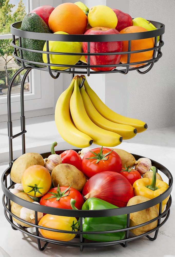 Sakugi 2-Tier Extra-Large Fruit Basket with Banana Hanger, 11" x 11" x 14", Black — view 2