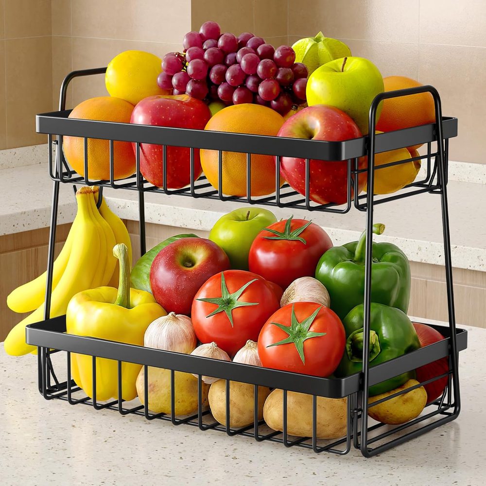 Sakugi 2-Tier Fruit Basket with Banana Hanger & Handles, 13.4" x 8.7" x 11.7", Black — view 2