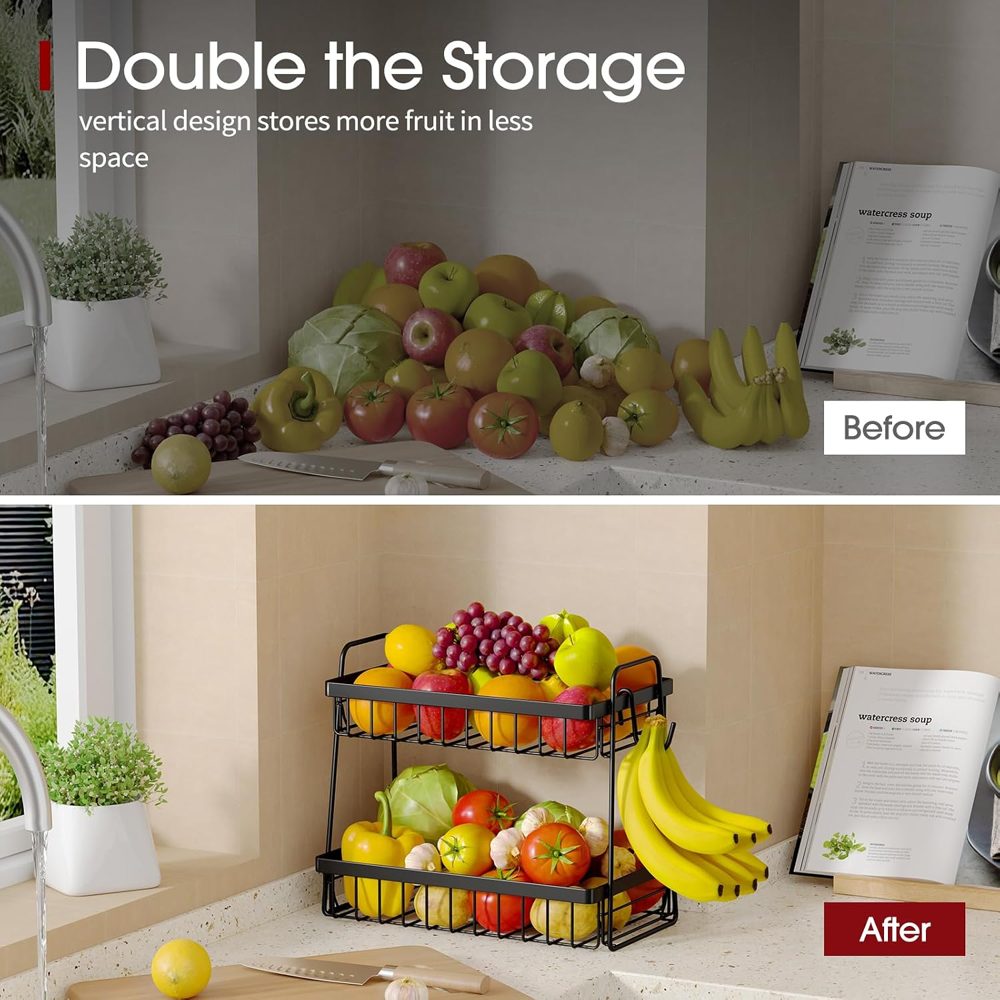 Sakugi 2-Tier Fruit Basket with Banana Hanger & Handles, 13.4" x 8.7" x 11.7", Black — view 3