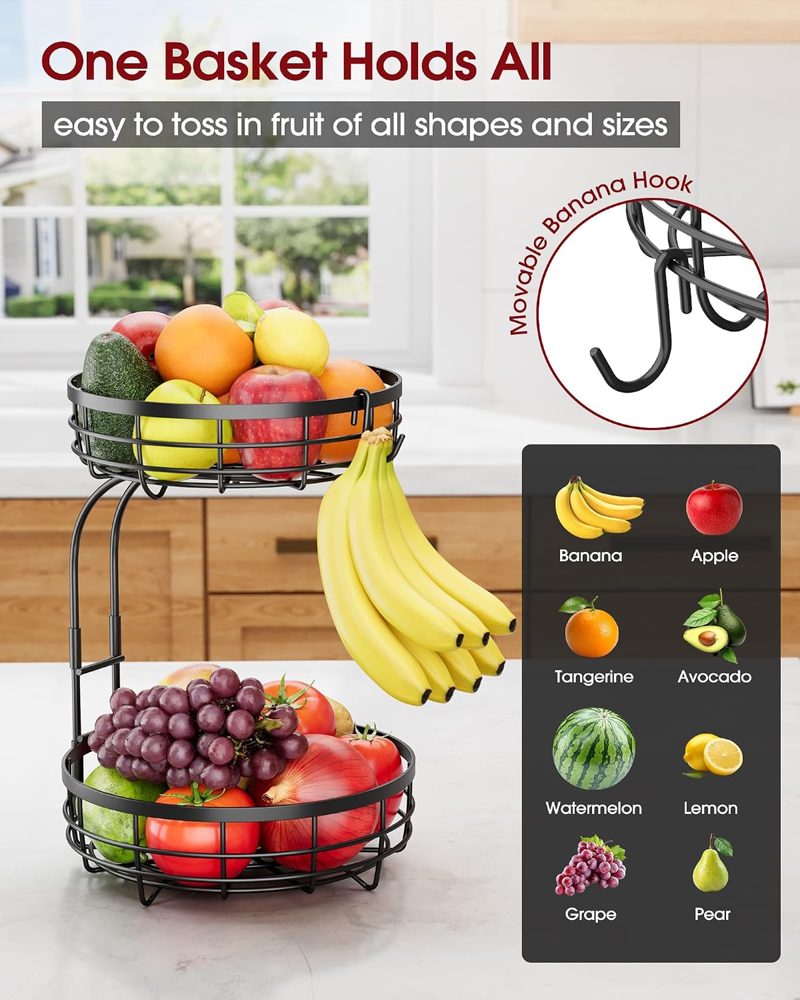 Sakugi 2-Tier Large Fruit Basket with Banana Hanger, 10" x 10" x 14", Black — view 3