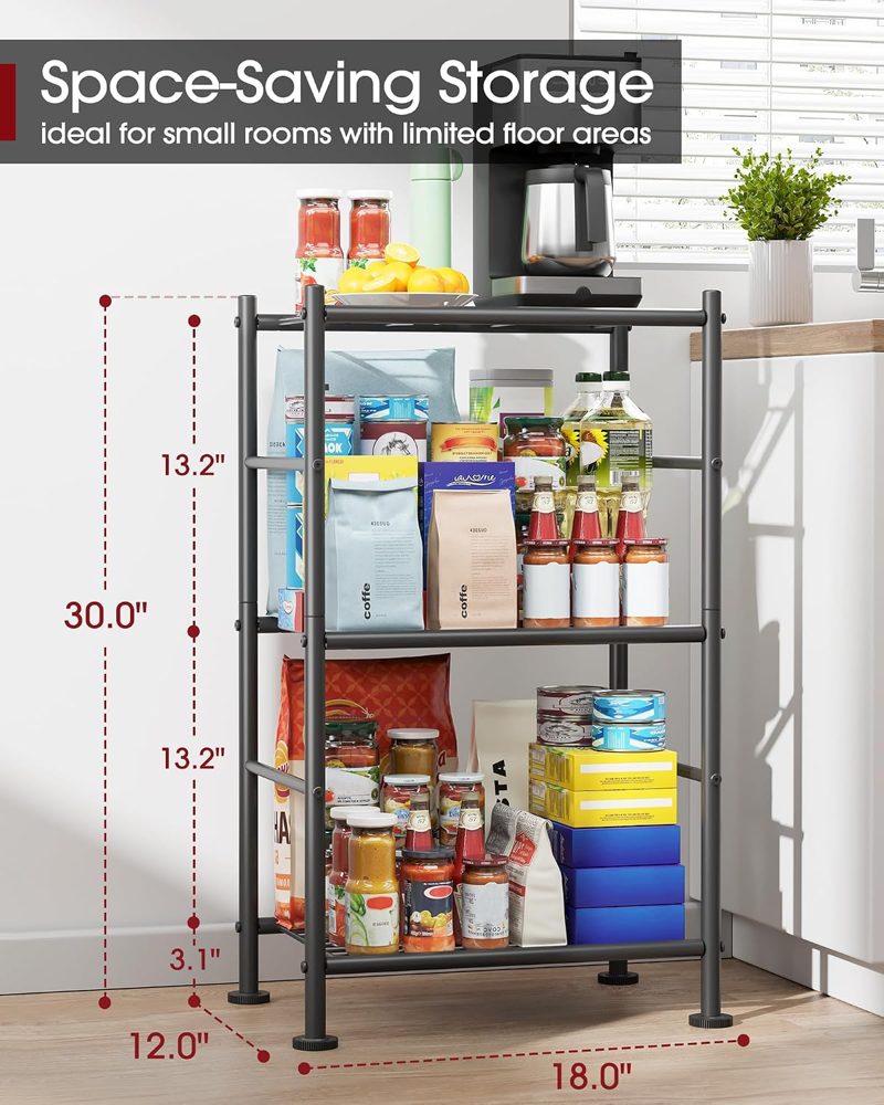Sakugi 3-Tier Metal Storage Shelves Adjustable Feet, 18"x12"x30" — view 3