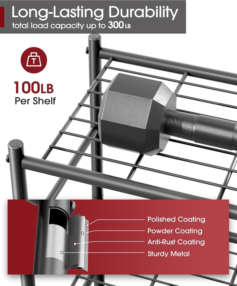 Sakugi 3-Tier Metal Storage Shelves Adjustable Feet, 18"x12"x30" — view 5