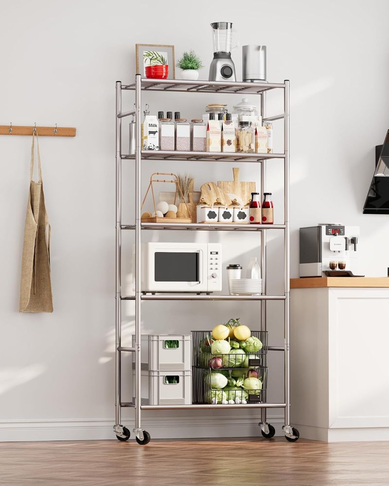 Sakugi 5-Tier Storage Shelves 33.1" x12.6' x73.5 Silver with Wheels — view 3