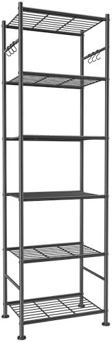 Sakugi 6-Tier Large-Capacity Storage Shelves with Hooks, 18.1" x 12.4" x 70.1", Black