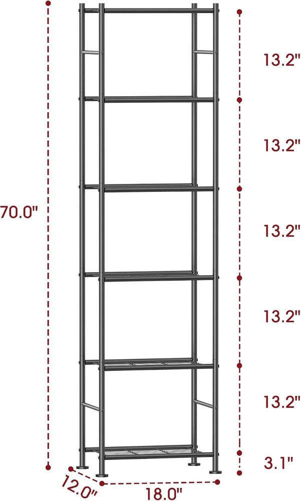 Sakugi 6-Tier Metal Storage Shelves Adjustable Feet, 18"x12"x70" — view 3