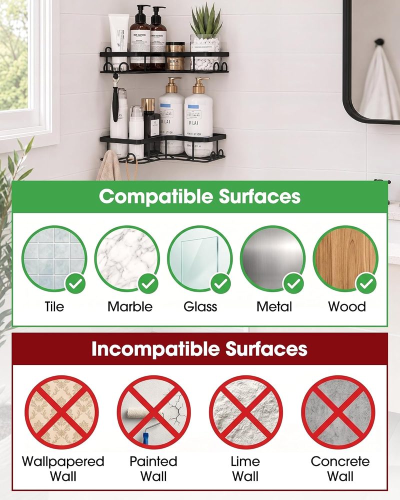 Sakugi Adhesive Corner Shower Caddy, No Drilling, Black — view 5