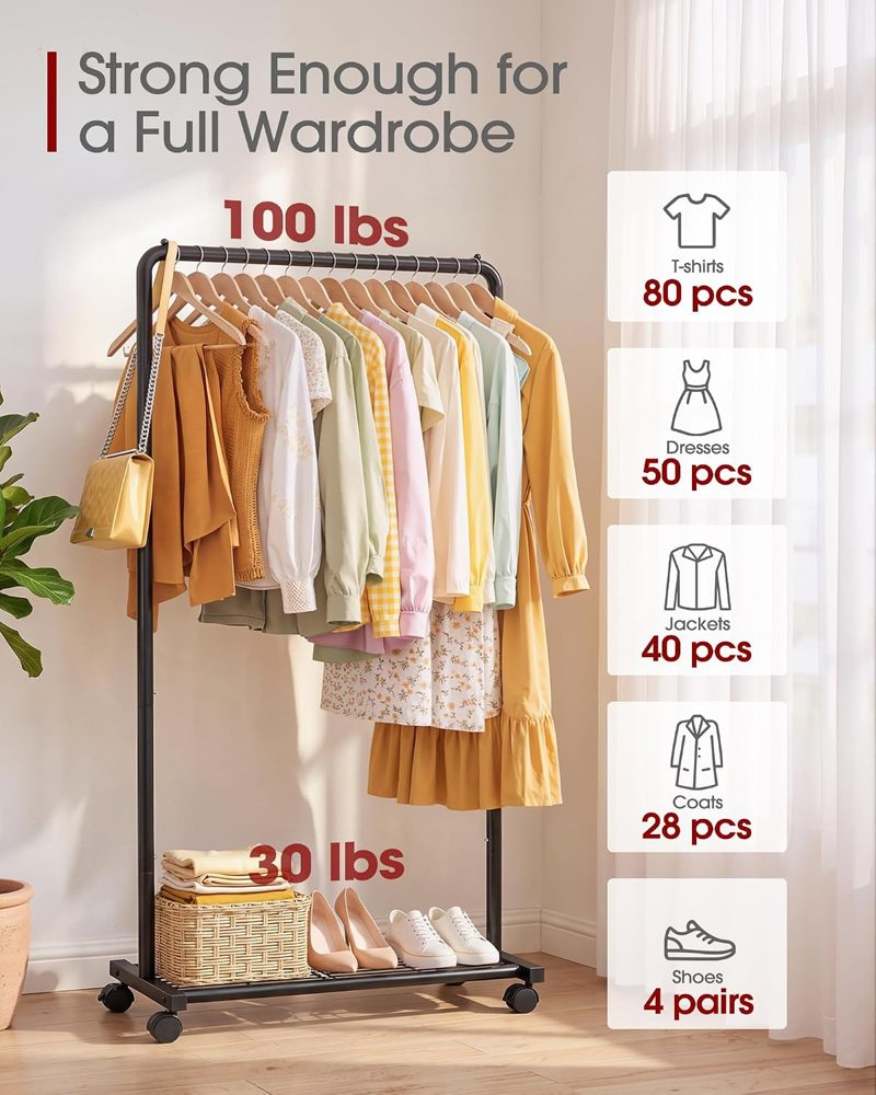 Sakugi Clothes Rack with Mesh Shelf & Casters, 28" x 16.9" x 59", Black — view 4
