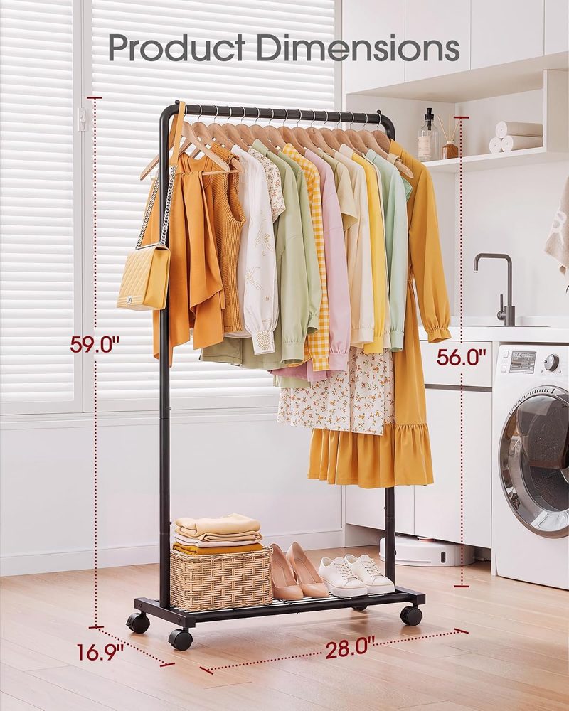 Sakugi Clothes Rack with Mesh Shelf & Casters, 28" x 16.9" x 59", Black — view 5
