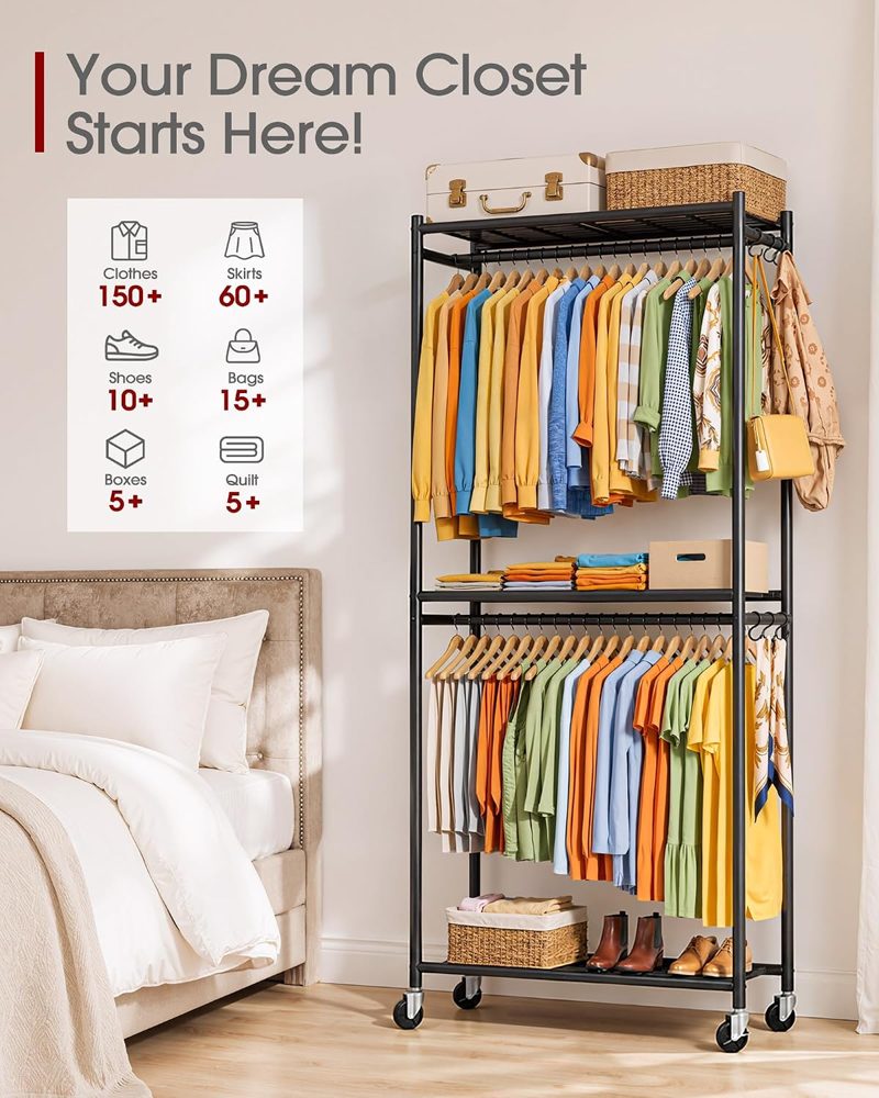 Sakugi Clothes Rack with Shelves & Wheels, 33" x 12.2" x 79.5", Black — view 4
