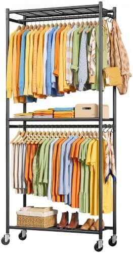 Sakugi Clothes Rack with Shelves & Wheels, 33" x 12.2" x 79.5", Black