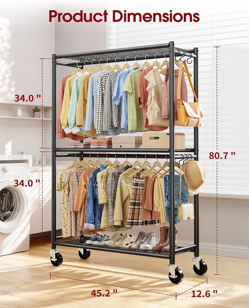 Sakugi Clothes Rack with Shelves & Wheels, 45.2" x 12.6" x 80.7", Black — view 3