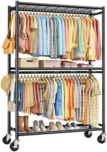 Sakugi Clothes Rack with Shelves & Wheels, 45.2" x 12.6" x 80.7", Black
