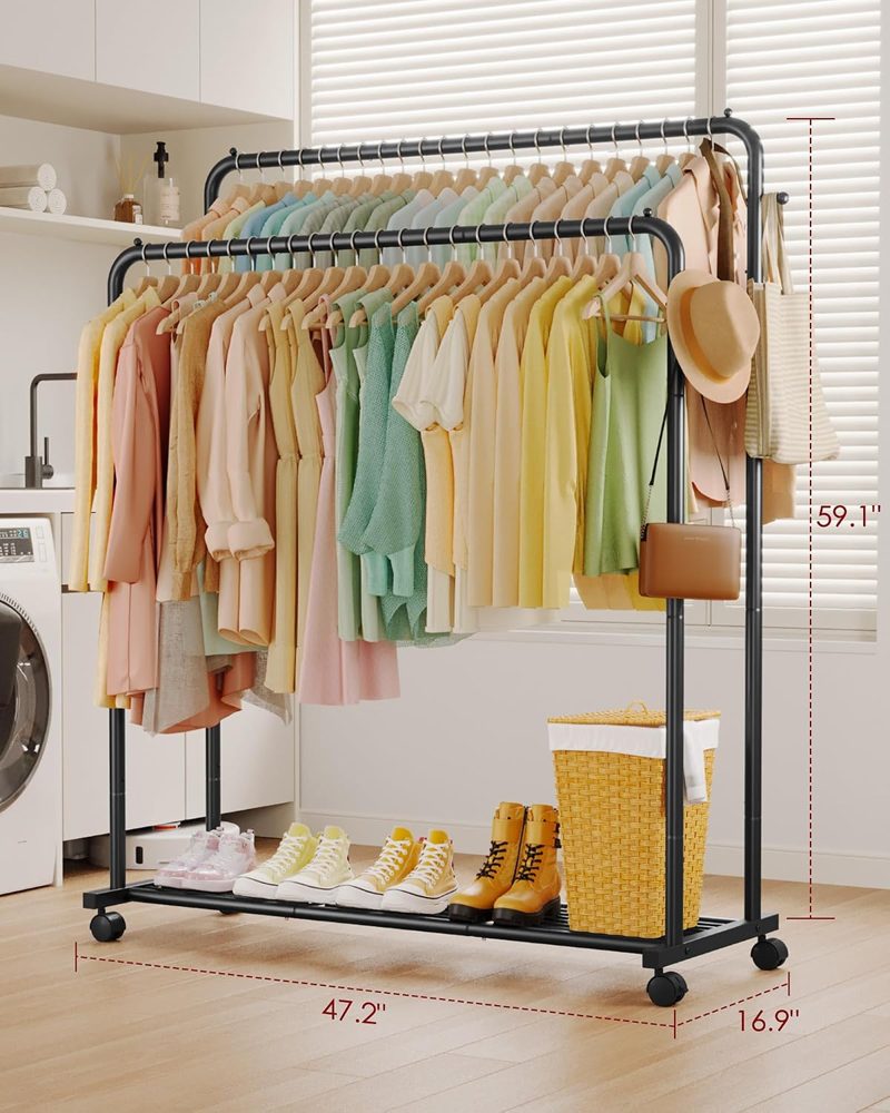 Sakugi Double Rod Clothes Rack Mesh Shelf & Hooks, 47.2x16.9x59.1 — view 3