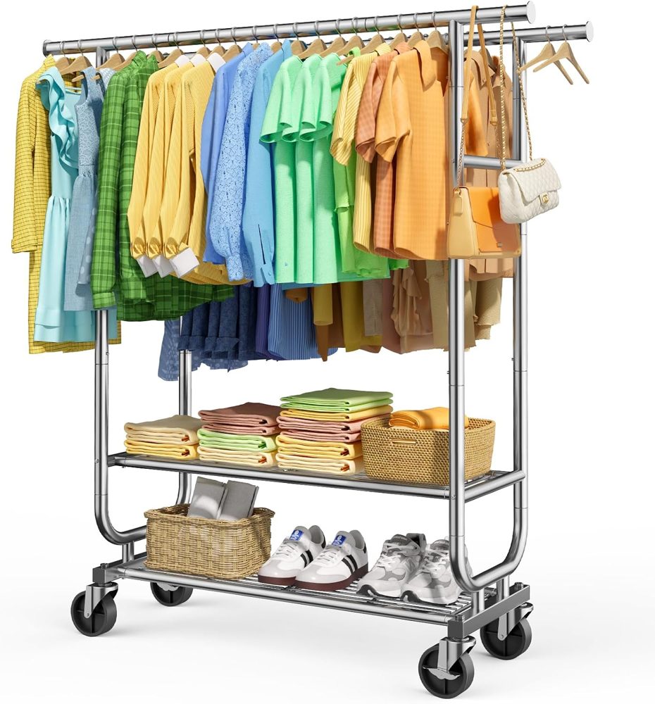 Sakugi Double-Rod Garment Rack 2-Tier 42.5" x16.9" x65.2" Silver Wheels — view 2