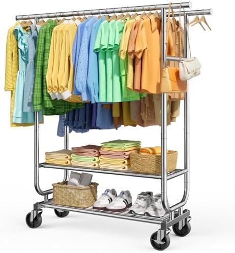 Sakugi Double-Rod Garment Rack 2-Tier 42.5" x16.9" x65.2" Silver Wheels