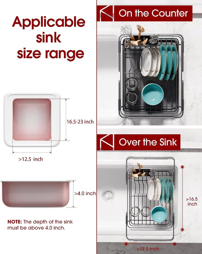 Sakugi Extendable Over-Sink Dish Drainer, 12" x 16.1"–23", Silver — view 3