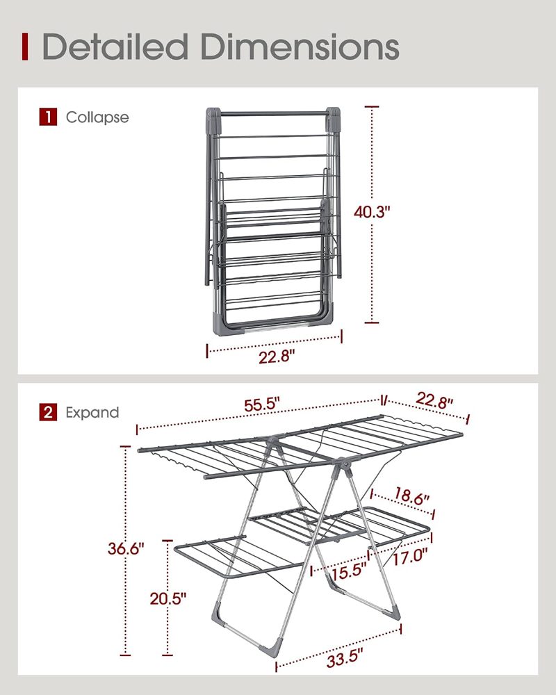 Sakugi Foldable 2-Level Clothes Drying Rack, 55.5" Adjustable Wings — view 5