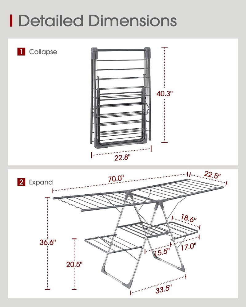 Sakugi Foldable 2-Level Clothes Drying Rack, 70" Adjustable Wings — view 3