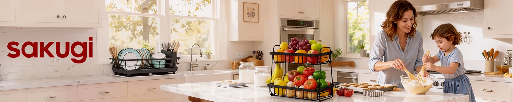 Sakugi dish rack and fruit basket in a family kitchen