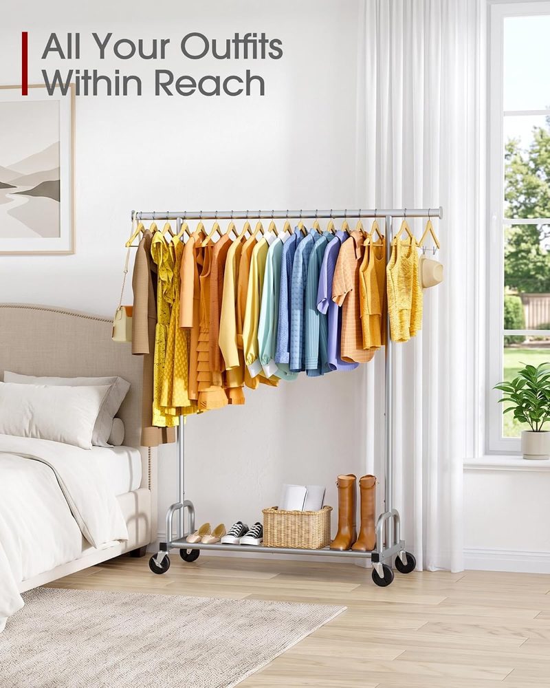 Sakugi Large-Capacity Clothes Rack with Lockable Wheels, 45.6" x 16.9" x 59", Silver — view 3