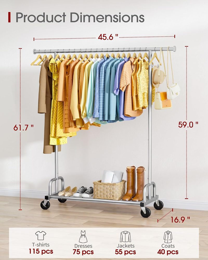Sakugi Large-Capacity Clothes Rack with Lockable Wheels, 45.6" x 16.9" x 59", Silver — view 5