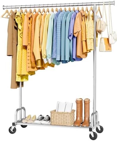 Sakugi Large-Capacity Clothes Rack with Lockable Wheels, 45.6" x 16.9" x 59", Silver