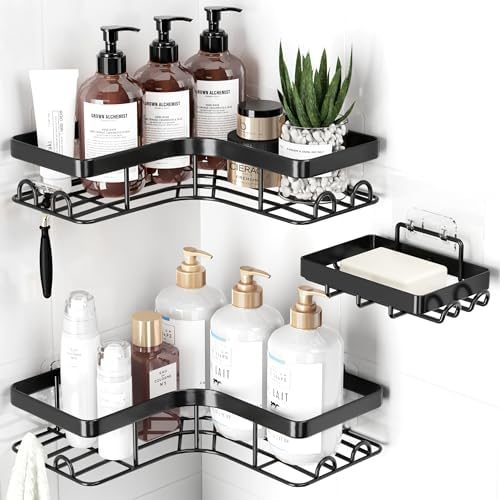 Sakugi Large Corner Shower Caddy 3-Pack with Soap Holder, Black