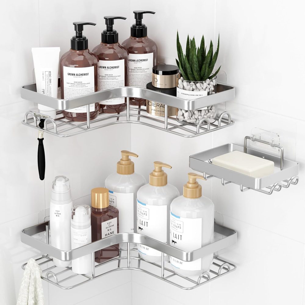 Sakugi Large Corner Shower Caddy 3-Pack with Soap Holder, Silver — view 2