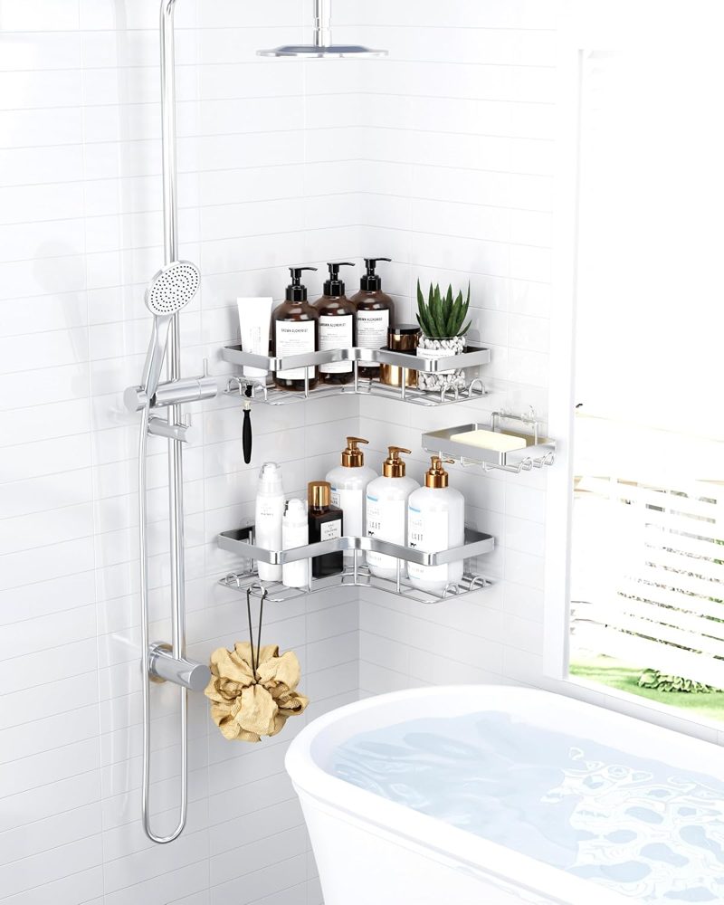Sakugi Large Corner Shower Caddy 3-Pack with Soap Holder, Silver — view 4