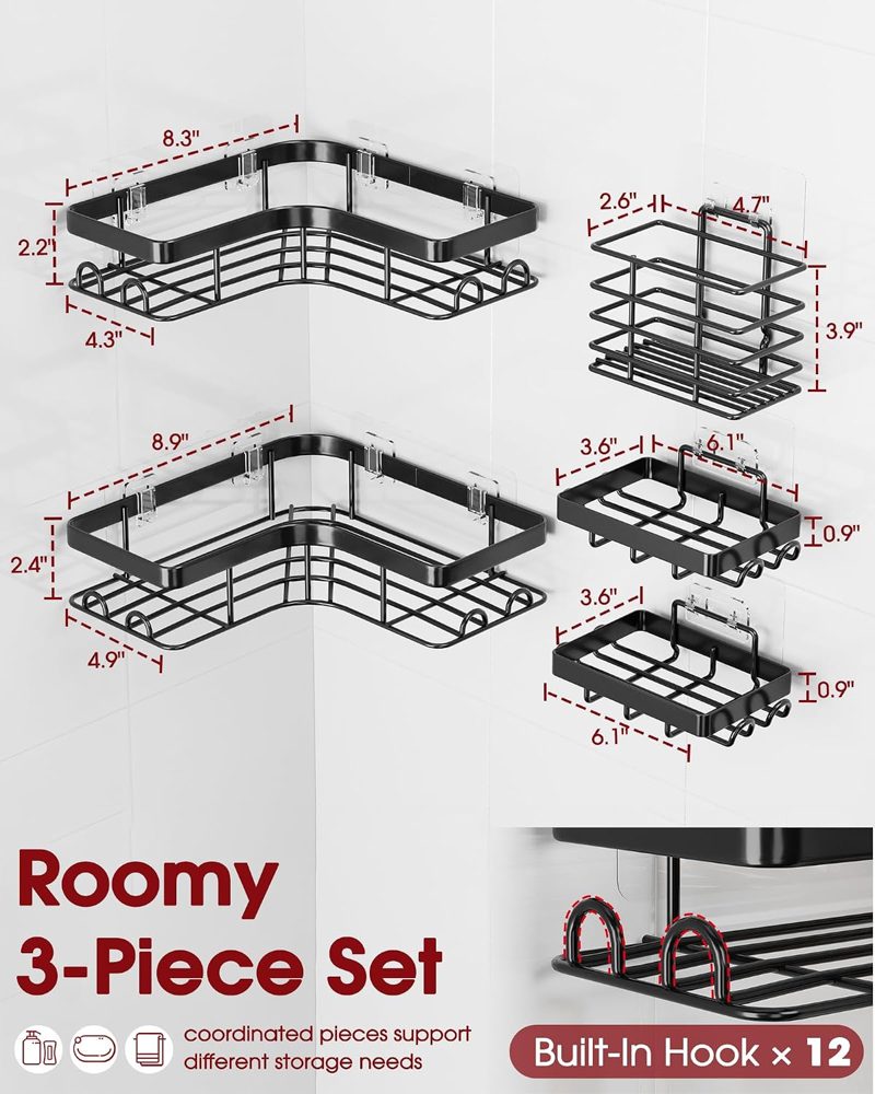 Sakugi Large Corner Shower Caddy 5-Pack with Toothbrush Holder, Black — view 3