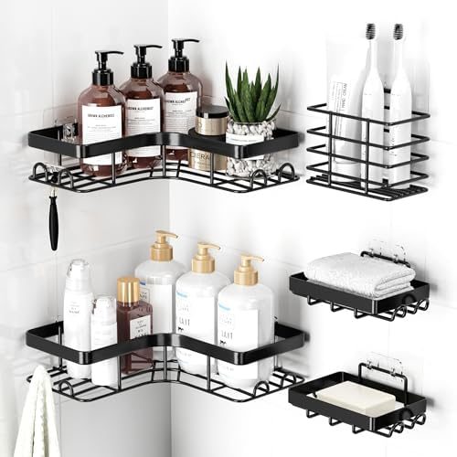 Sakugi Large Corner Shower Caddy 5-Pack with Toothbrush Holder, Black