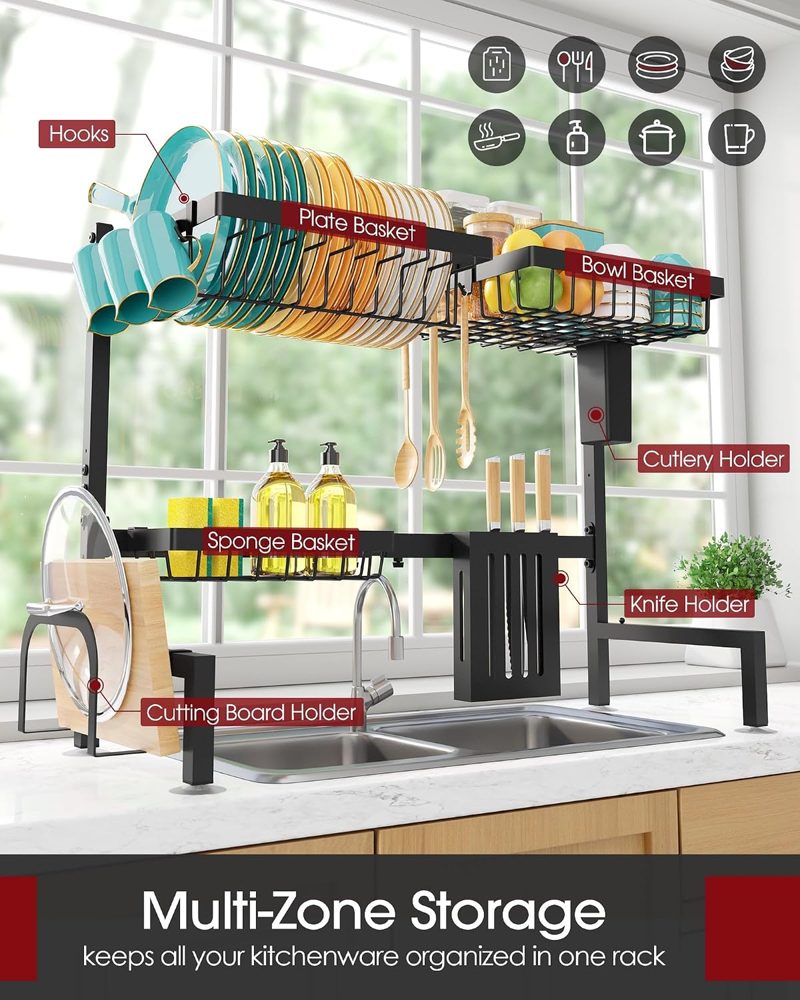 Sakugi Over-the-Sink Dish Drying Rack, 2-Tier Large, 30"–33.9" Adjustable, Black — view 3