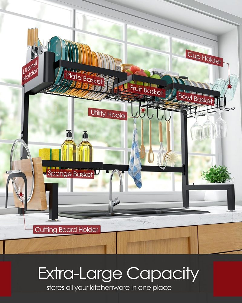 Sakugi Over-the-Sink Dish Drying Rack, 2-Tier X-Large, 31.5"–39.5" Adjustable, Black — view 3