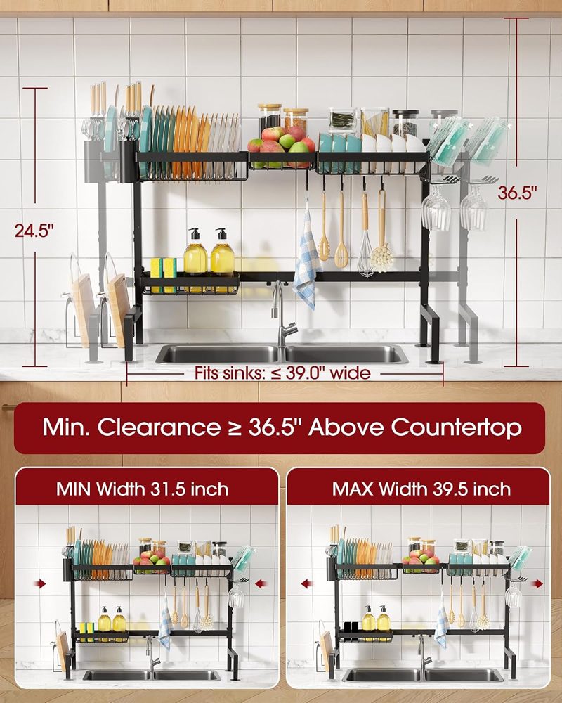Sakugi Over-the-Sink Dish Drying Rack, 2-Tier X-Large, 31.5"–39.5" Adjustable, Black — view 4