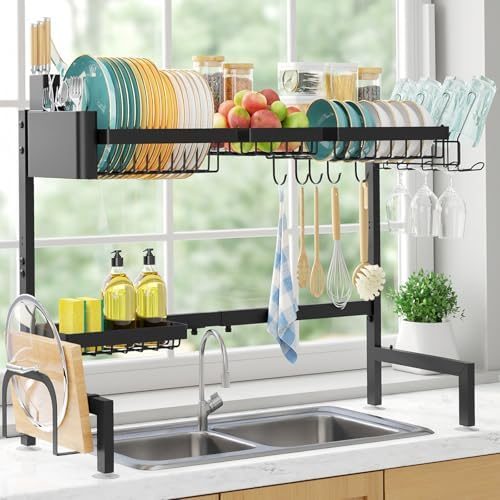Sakugi Over-the-Sink Dish Drying Rack, 2-Tier X-Large, 31.5"–39.5" Adjustable, Black