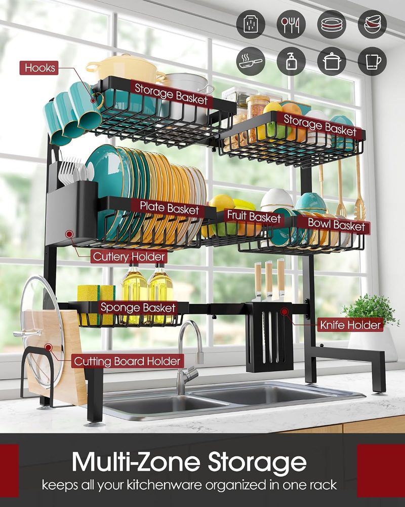 Sakugi Over-the-Sink Dish Drying Rack, 3-Tier XX-Large, 31.5"–39.5" Adjustable, Black — view 3