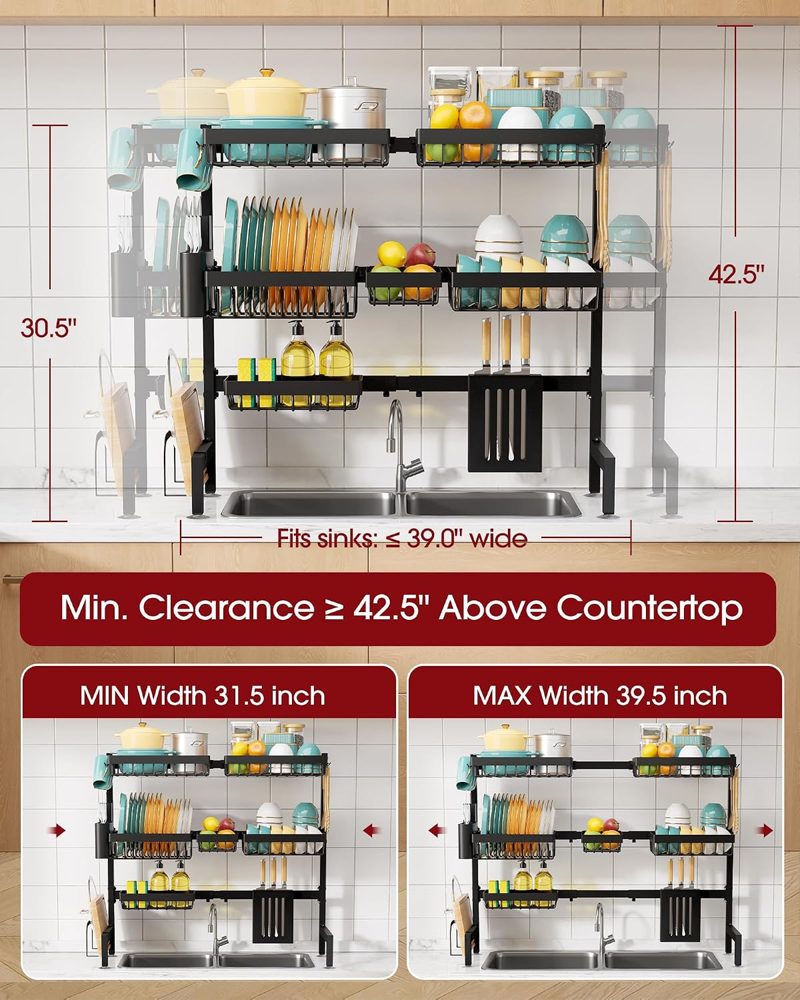 Sakugi Over-the-Sink Dish Drying Rack, 3-Tier XX-Large, 31.5"–39.5" Adjustable, Black — view 4