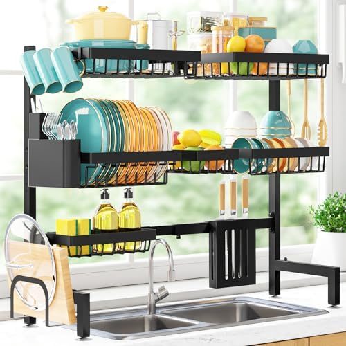 Sakugi Over-the-Sink Dish Drying Rack, 3-Tier XX-Large, 31.5"–39.5" Adjustable, Black