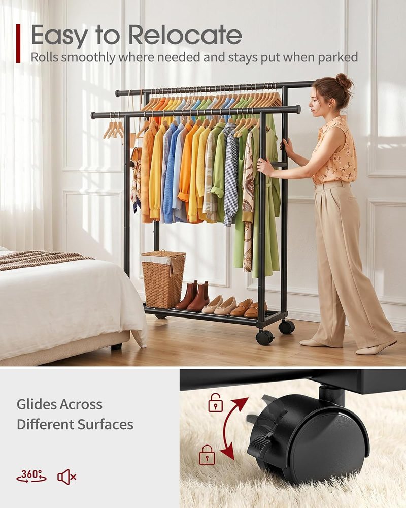 Sakugi Rolling Double Rod Clothes Rack with Shelf, 39" x 17" x 60" — view 4