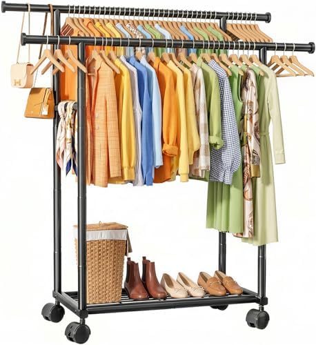 Sakugi Rolling Double Rod Clothes Rack with Shelf, 39" x 17" x 60"