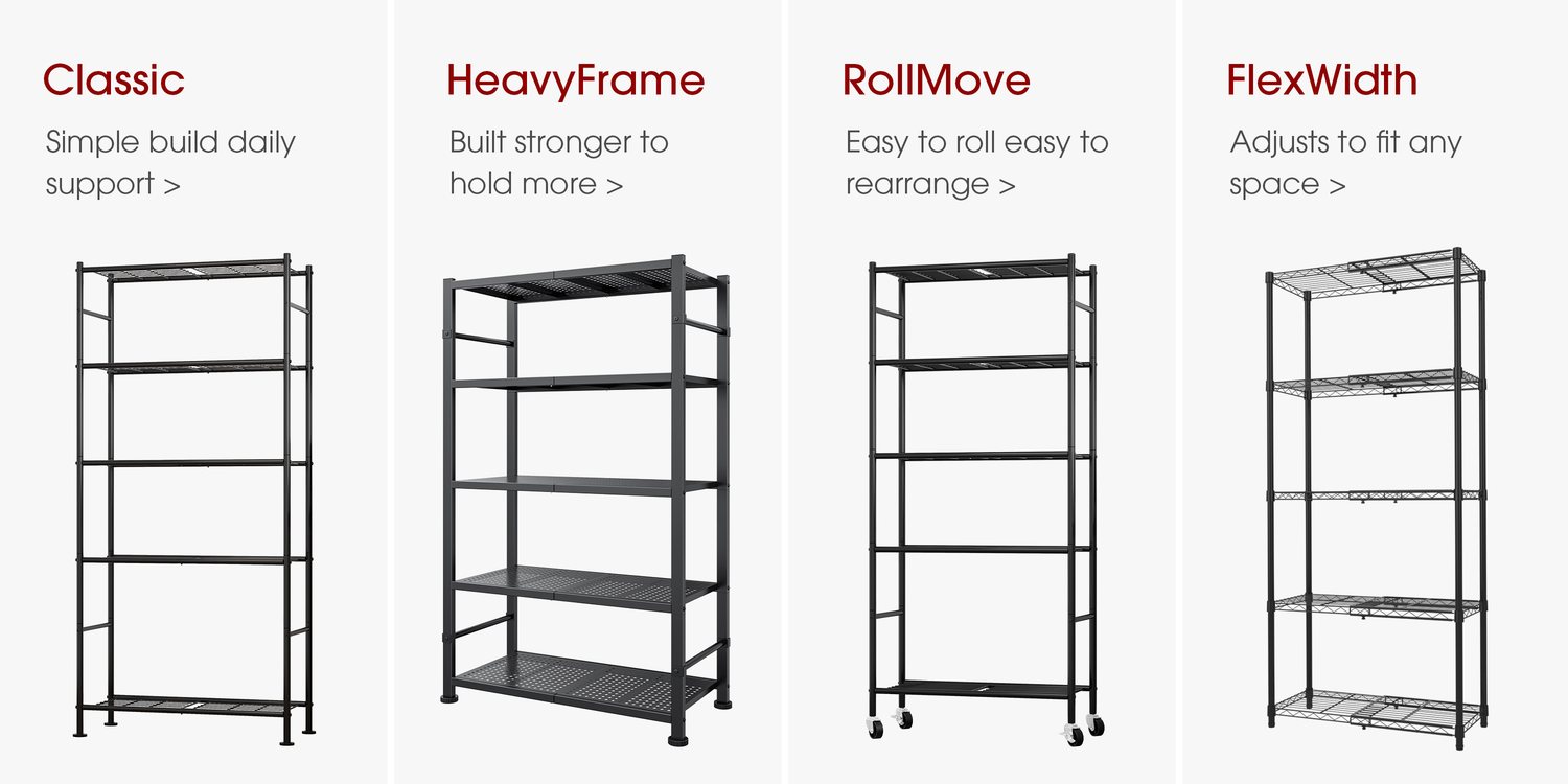 Sakugi shelf frames: classic, heavy frame, roll-move and flex-width