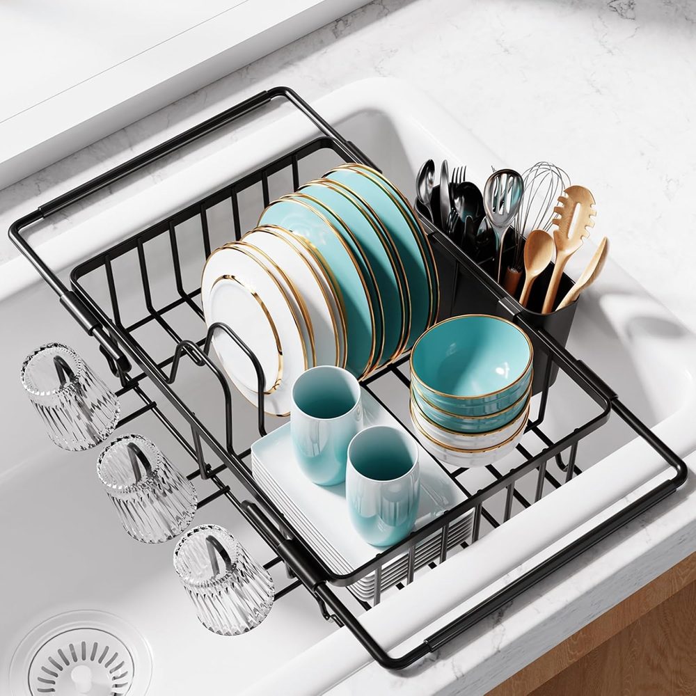 Sakugi In-Sink Expandable Dish Drying Rack with Cup Holders, 15.4" x 9.8", Black — view 2