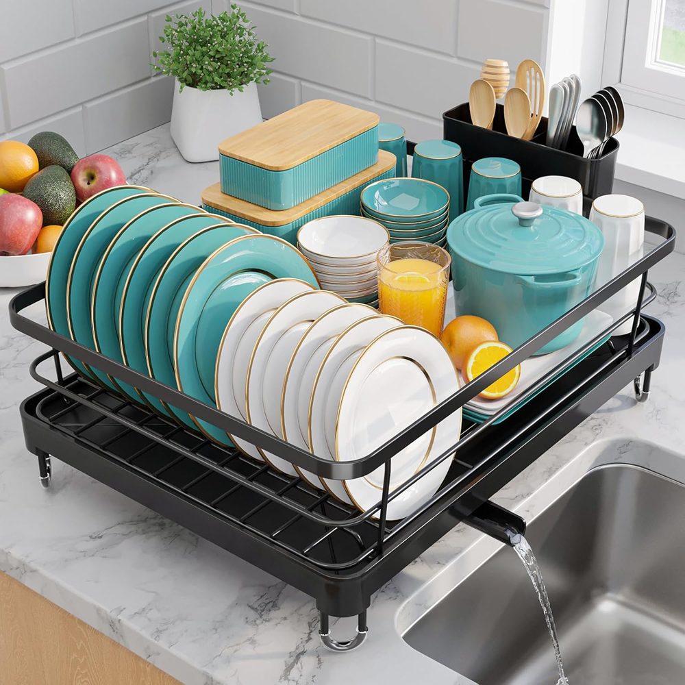 Sakugi Stainless Steel Countertop Dish Rack with Utensil Holder, 12.5" x 16.5", Black — view 2