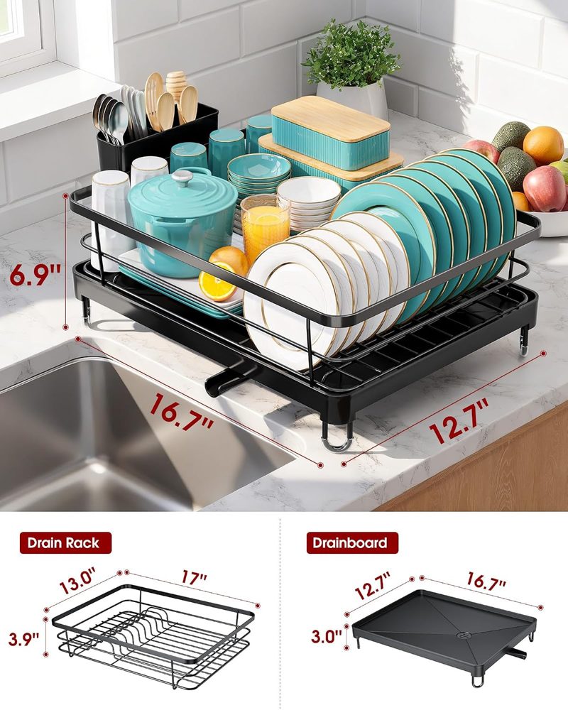 Sakugi Stainless Steel Countertop Dish Rack with Utensil Holder, 12.5" x 16.5", Black — view 3