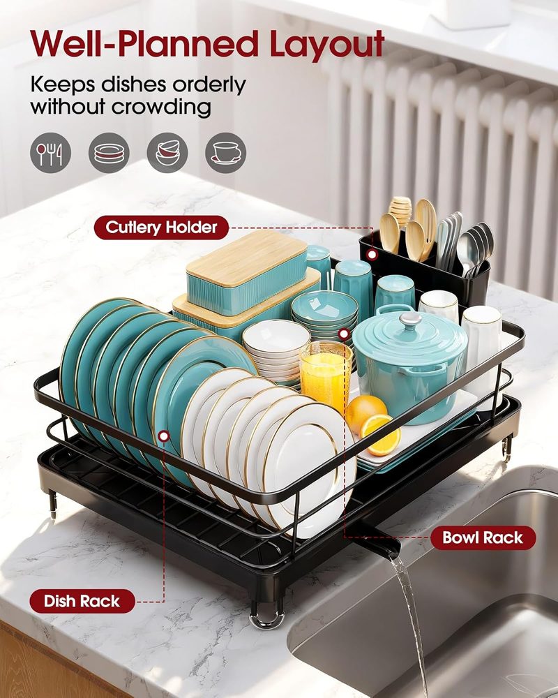 Sakugi Stainless Steel Countertop Dish Rack with Utensil Holder, 12.5" x 16.5", Black — view 4