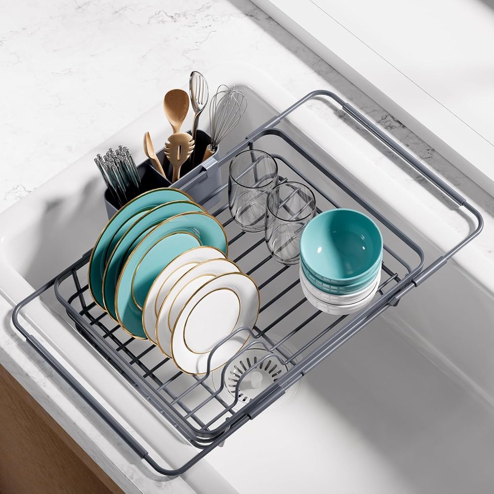Sakugi Stainless Steel Countertop Dish Rack with Utensil Holder, 12.5" x 16.5", Black — view 5