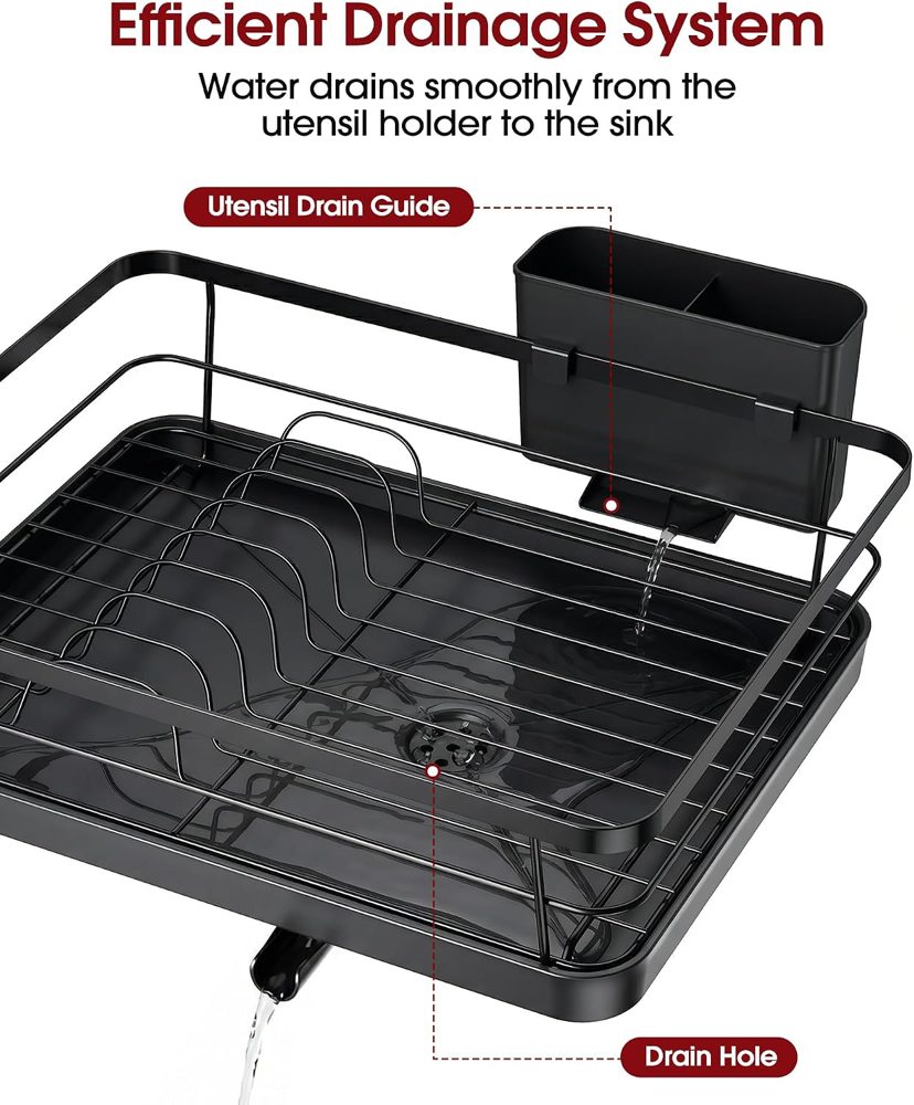 Sakugi Stainless Steel Dish Drying Rack with Drainboard, 15.6" x 12", Black — view 4