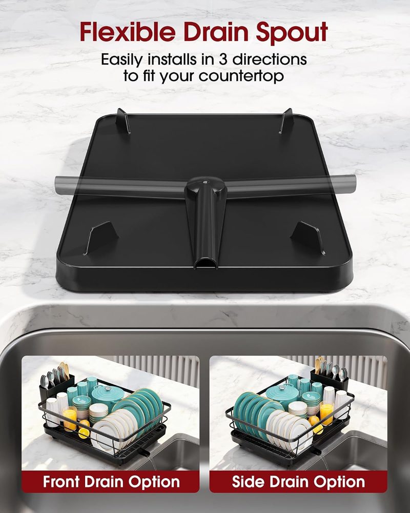 Sakugi Stainless Steel Dish Drying Rack with Drainboard, 15.6" x 12", Black — view 5